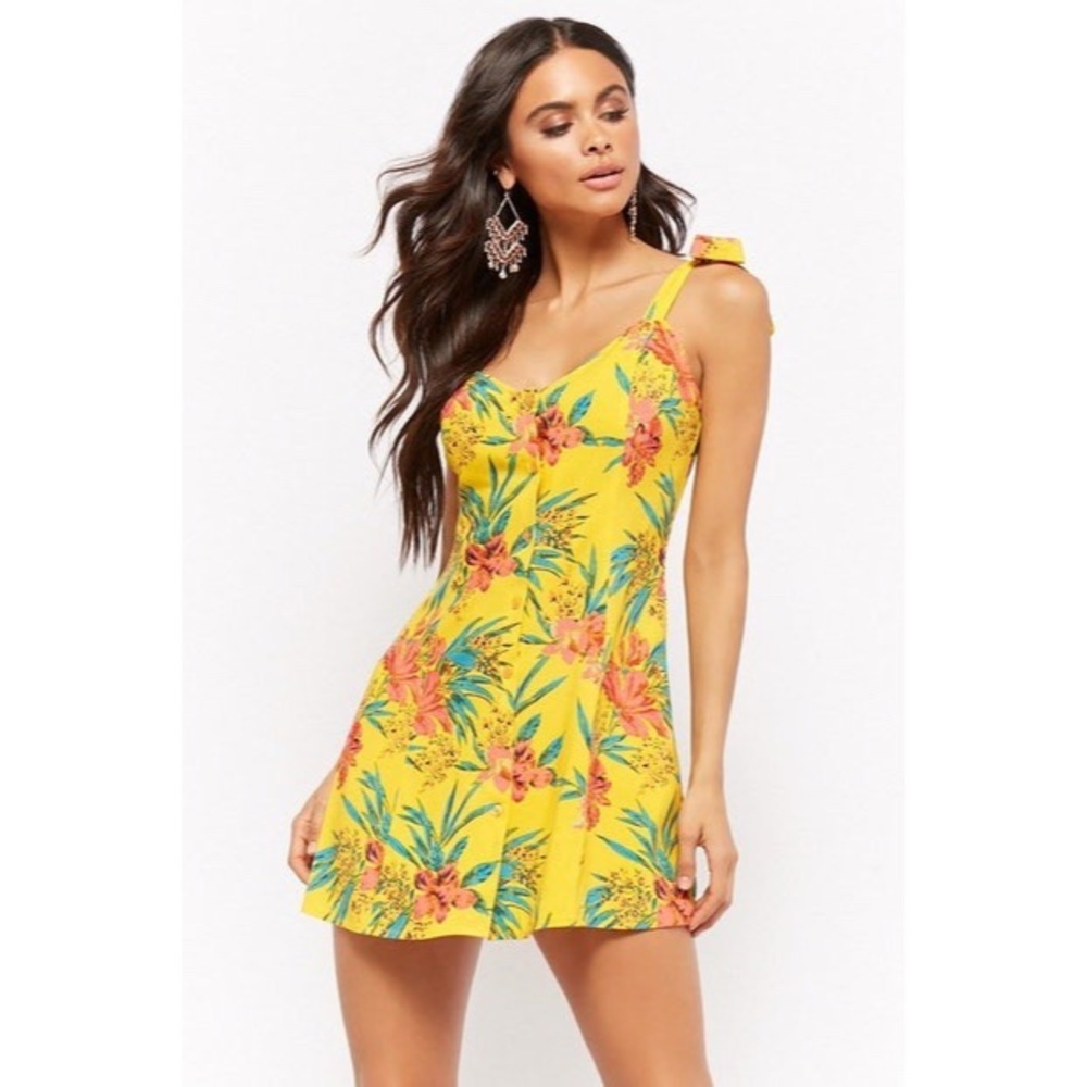 Yellow Tropical Tie-Strap Mini Dress - Picture 1 of 4
